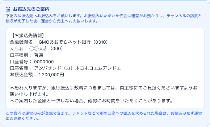 交渉ページに表示される「お振込先のご案内」パネル。金融機関名(金融機関コード付き)・支店名(支店コード付き)・口座種別・口座番号・口座名義・お振込金額と、振込手数料のご負担および金額不一致時の注意書きが記載されている