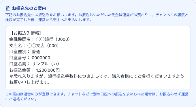 交渉ページに表示される「お振込先のご案内」パネル。金融機関名・支店名・口座種別・口座番号・口座名義・お振込金額が記載されている